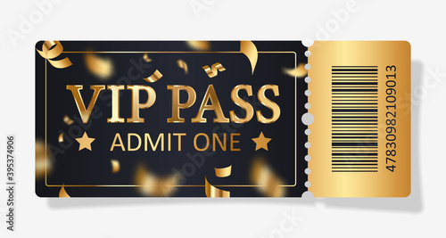 Black ticket VIP pass, admit one with gold confetti for concert, party, cinema, theatre with golden text, letters and barcode. Vector illustration for advertising, promotion, banner, poster.