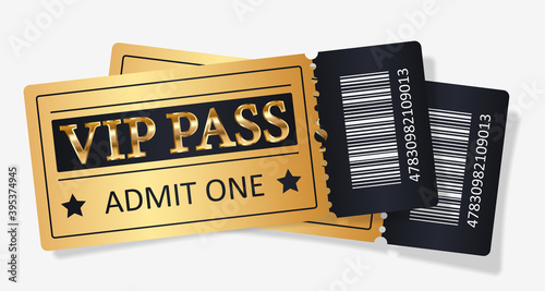 Black and gold tickets VIP pass, admit one for concert, party, cinema, theatre with golden text, letters and barcode. Vector illustration on white for advertising, promotion, banner, poster.