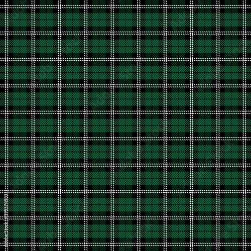 Christmas and new year tartan plaid. Scottish pattern in black, green and white cage. Scottish cage. Traditional Scottish checkered background. Seamless fabric texture. Vector illustration
