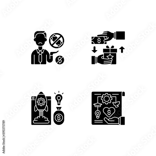 Crowdfunding issues black glyph icons set on white space. Reward based crowdfunding. Donor exhaustion issues. For or non profit project. Silhouette symbols. Vector isolated illustration
