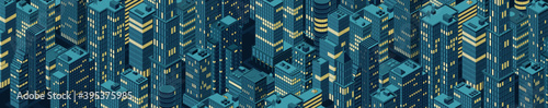 Isometric panoramic night city skyline. Vector illustration in flat design.