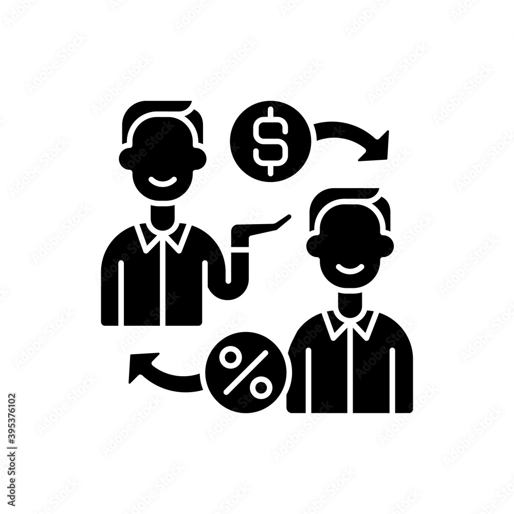 Peer to peer lending black glyph icon. Giving money to businesses through online services that match lenders with borrowers. Silhouette symbol on white space. Vector isolated illustration Peer to peer lending black glyph icon. Giving money to businesses through online services that match lenders with borrowers. Silhouette symbol on white space. Vector isolated illustration