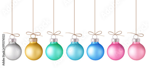 Set of decorative pastel color Christmas ball with rope isolated on white. New year decoration. Vector illustration