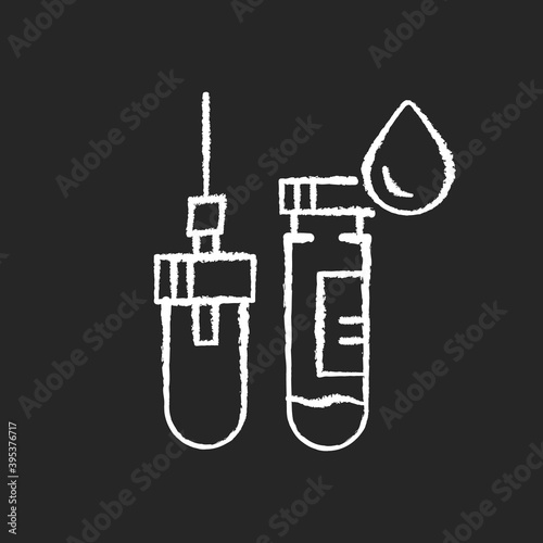 Vacuum test tubes chalk white icon on black background. Blood analysis. Clinical diagnostic for diabetes. Hospital fluid examination. Silhouette symbol on white space. Vector isolated illustration
