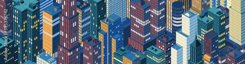 Isometric panoramic night city skyline. Vector illustration in flat design.