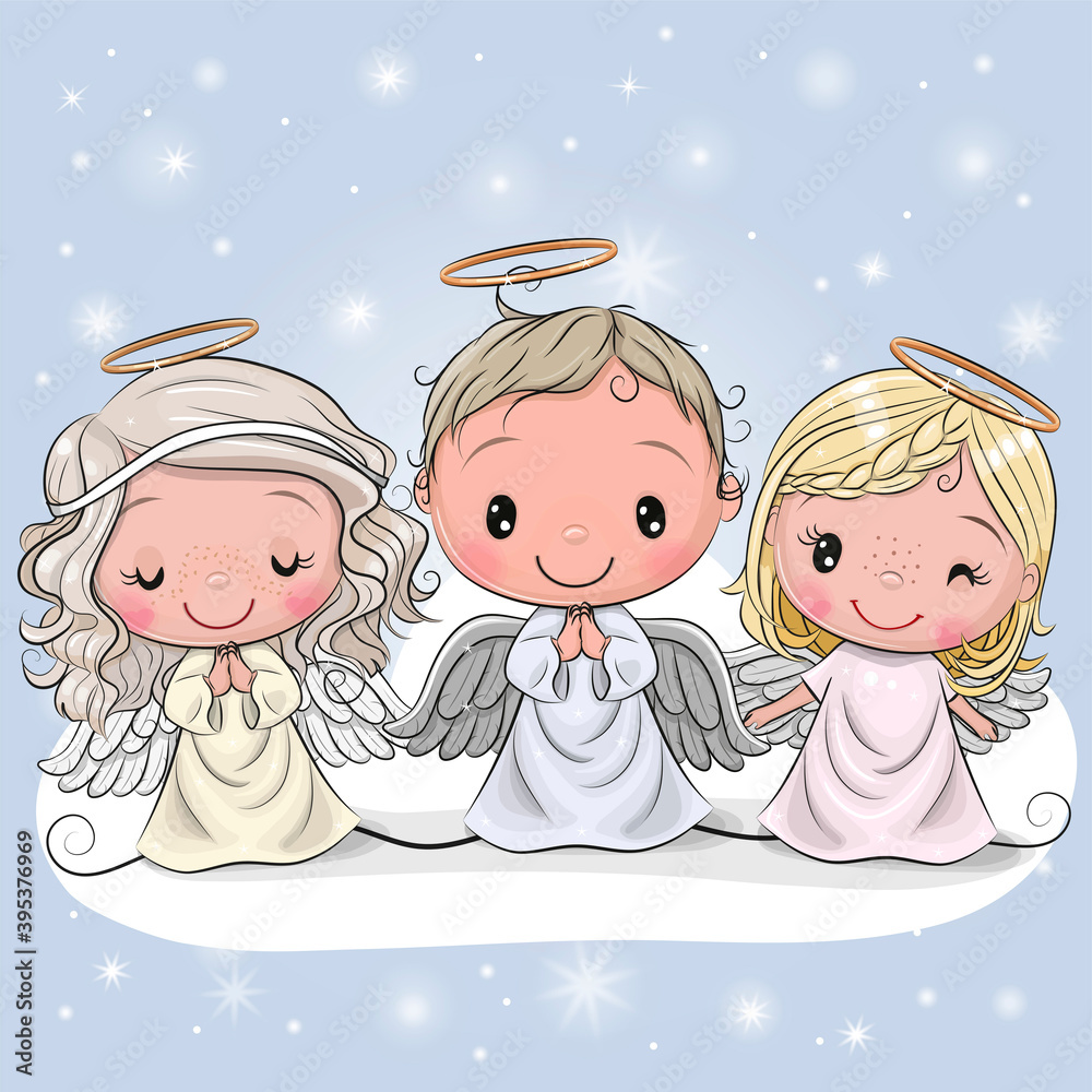 Fototapeta Three Christmas angels on a blue background
