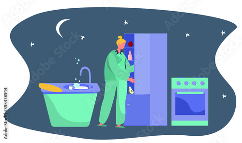 Night Eating, Gluttony and Night Hunger on the Kitchen.
Hungry Fat Woman Looks in Refrigerator at Night and Eating Bread. Nightly overeating. Kitchen Interior. Flat Vector Ilustration