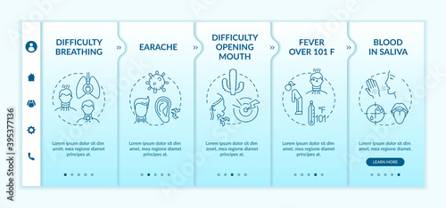 Throat inflammation complications onboarding vector template. Difficulty opening mouth. Blood in saliva. Responsive mobile website with icons. Webpage walkthrough step screens. RGB color concept