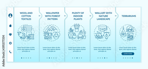Biophilia in interior design onboarding vector template. Wool, cotton textiles. Wallpaper with forest pattern. Responsive mobile website with icons. Webpage walkthrough step screens. RGB color concept