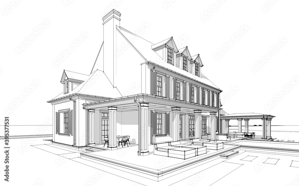 3d rendering of modern cozy classic house in colonial style with garage and pool for sale or rent with beautiful landscaping on background. Black line sketch with soft light shadows on white backgroun 3d rendering of modern cozy classic house in colonial style with garage and pool for sale or rent with beautiful landscaping on background. Black line sketch with soft light shadows on white backgroun