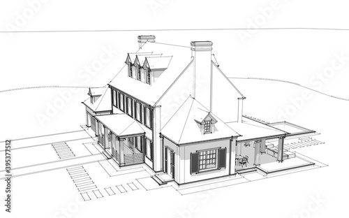 3d rendering of modern cozy classic house in colonial style with garage and pool for sale or rent with beautiful landscaping on background. Black line sketch with soft light shadows on white backgroun