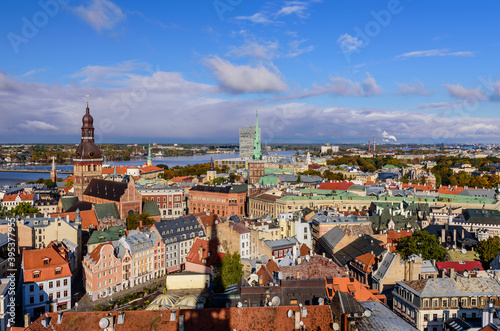 Sightseeing of Latvia. Beautiful aerial view of Riga city in the autumn  Latvia