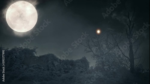 Mysterious presences fly under a giant moon, overwhelming atmosphere.