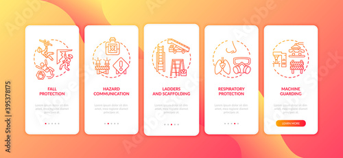 Top workplace safety violations onboarding mobile app page screen with concepts. Ladders and scaffolding walkthrough 5 steps graphic instructions. UI vector template with RGB color illustrations