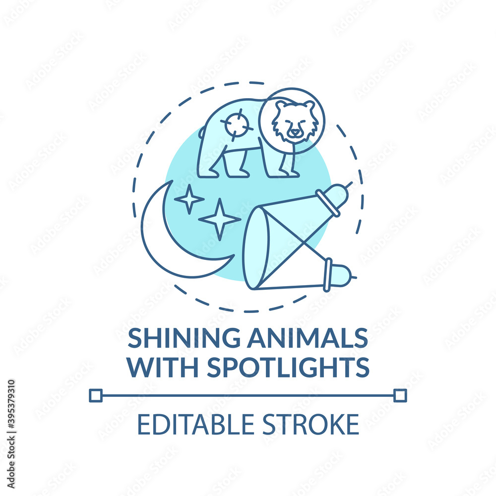 Shining animals with spotlights turquoise concept icon. Harm wildlife. Animal welfare. Nature conservation idea thin line illustration. Vector isolated outline RGB color drawing. Editable stroke