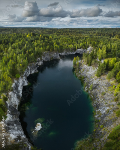 Aerial drone view to Marble canyon in Ruskeala Nature Reserve in Republic of Karelia, North Russia