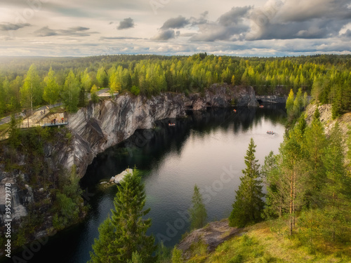 Aerial drone view to Marble canyon in Ruskeala Nature Reserve in Republic of Karelia  North Russia
