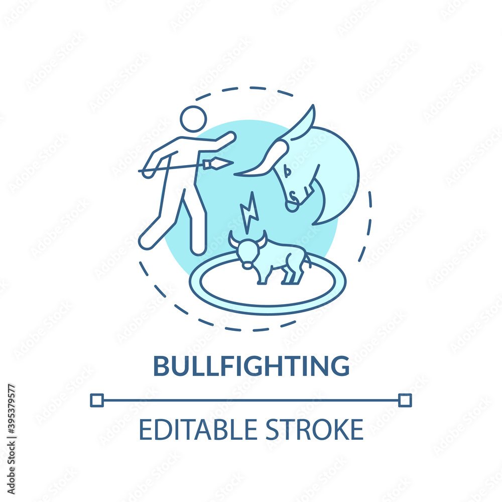 Bullfighting turquoise concept icon. Bull and matador. Spanish tradition. Violence on arena. Animal abuse idea thin line illustration. Vector isolated outline RGB color drawing. Editable stroke Bullfighting turquoise concept icon. Bull and matador. Spanish tradition. Violence on arena. Animal abuse idea thin line illustration. Vector isolated outline RGB color drawing. Editable stroke