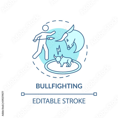 Bullfighting turquoise concept icon. Bull and matador. Spanish tradition. Violence on arena. Animal abuse idea thin line illustration. Vector isolated outline RGB color drawing. Editable stroke