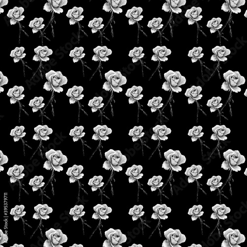 seamless floral pattern of black and white roses on black background, background for cards, invitations, textile or decoration