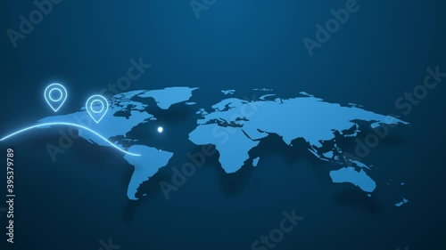 Animated route around the world. Pins appear on the blue map of the earth. Different places on the planet earth connected by a line concept of communication and travel.