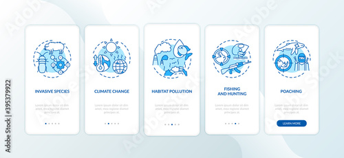 Environmental damage blue onboarding mobile app page screen with concepts. Ecology. Biodiversity loss walkthrough 5 steps graphic instructions. UI vector template with RGB color illustrations
