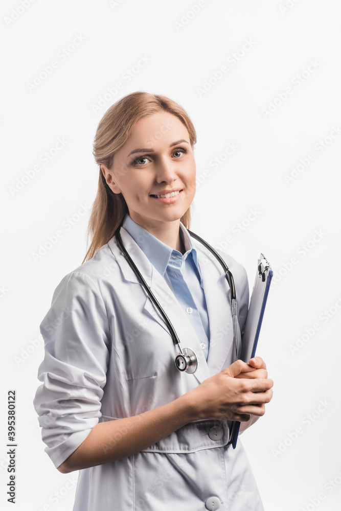 nurse in white coat holding clipboard isolated on white nurse in white coat holding clipboard isolated on white