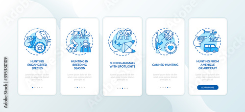 Illegal hunting blue onboarding mobile app page screen with concepts. Harm to wild life. Animal abuse walkthrough 5 steps graphic instructions. UI vector template with RGB color illustrations