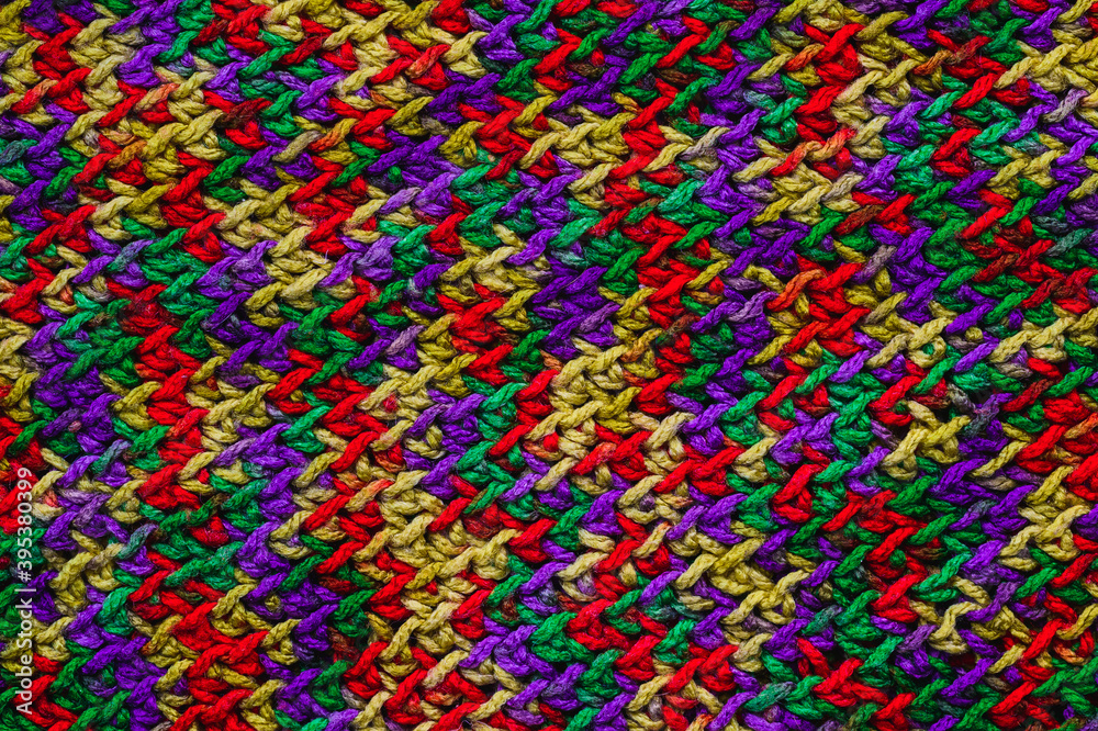 close-up of multi-colored wool knitted scarf