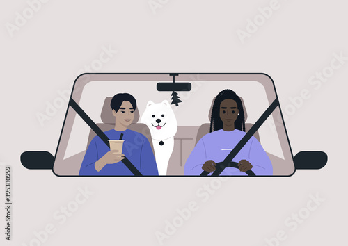 A road trip scenes, two characters and their dog riding a car, front view