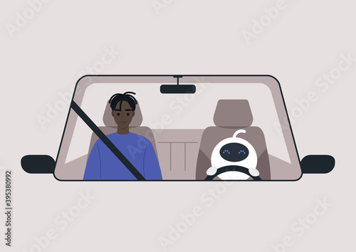 A driverless car concept, a white cute robot driving a vehicle with a passenger on a front seat