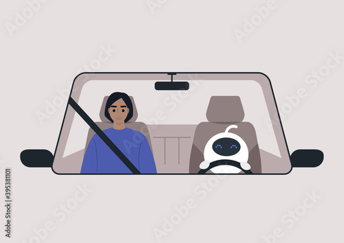 A driverless car concept, a white cute robot driving a vehicle with a passenger on a front seat