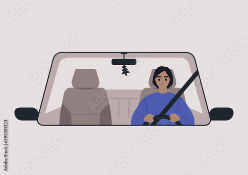 A front view of a car driven by a young female character, daily commute, a road trip scene