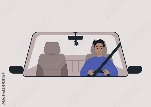 A front view of a car driven by a young male character, daily commute, a road trip scene