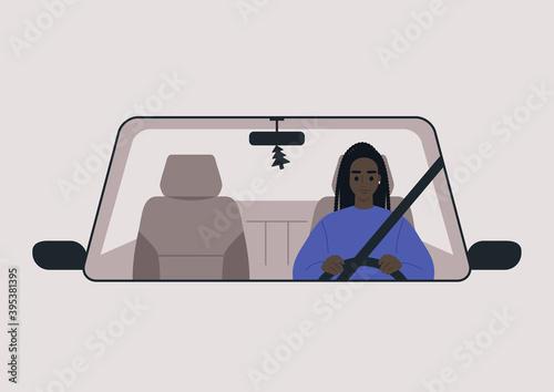 A front view of a car driven by a young female Black character, daily commute, a road trip scene