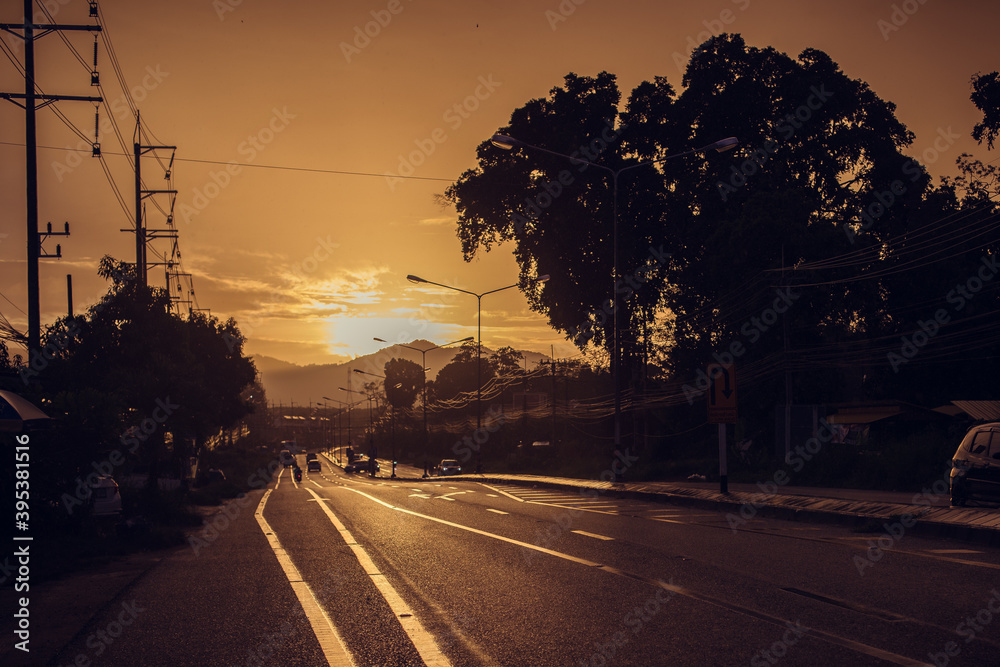 City road in the sunset. City landscape