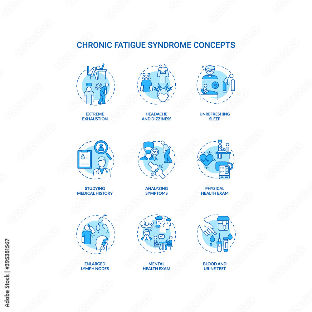 Chronic fatigue syndrome concept icons set. Extreme exhaustion idea thin line RGB color illustrations. Headache, dizziness. Studying medical history. Vector isolated outline drawings. Editable stroke