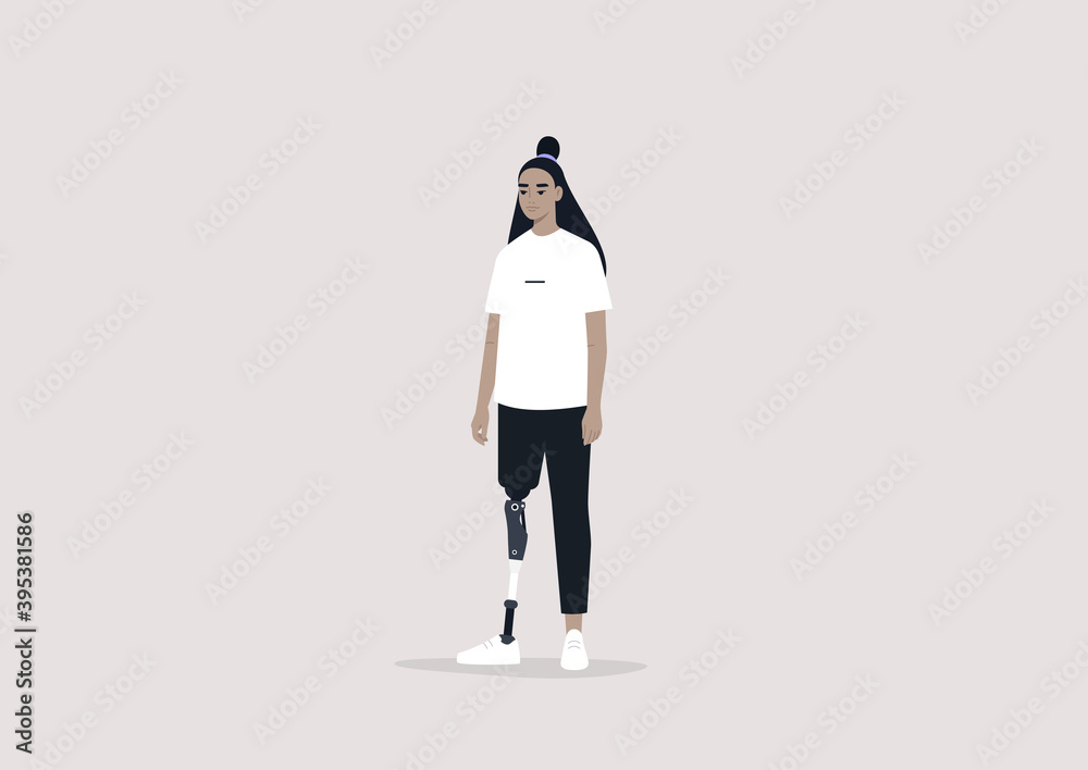 Young female Asian character with a prosthetic leg, Modern people with disabilities, New medical  technologies, Flat editable vector illustration, clip art