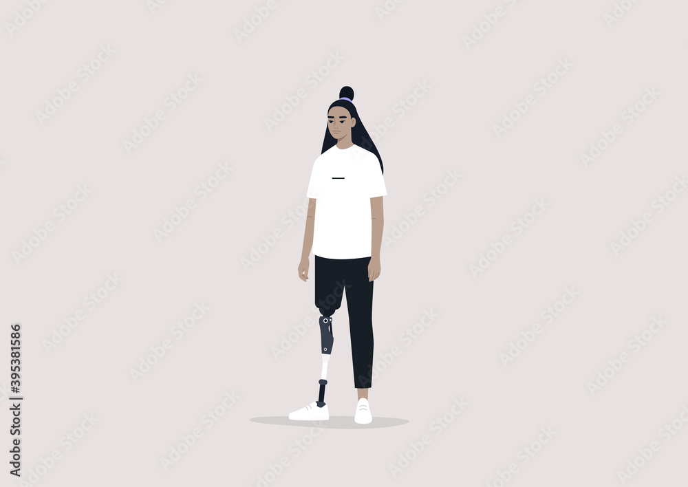 Young female Asian character with a prosthetic leg, Modern people with disabilities, New medical technologies, Flat editable vector illustration, clip art Young female Asian character with a prosthetic leg, Modern people with disabilities, New medical technologies, Flat editable vector illustration, clip art