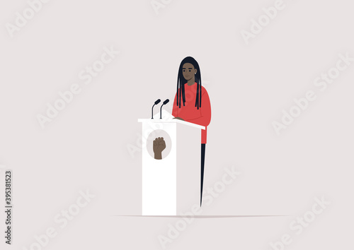 Black people rights, a female African American character standing standing behind the pulpit with a fist emblem on it, political process