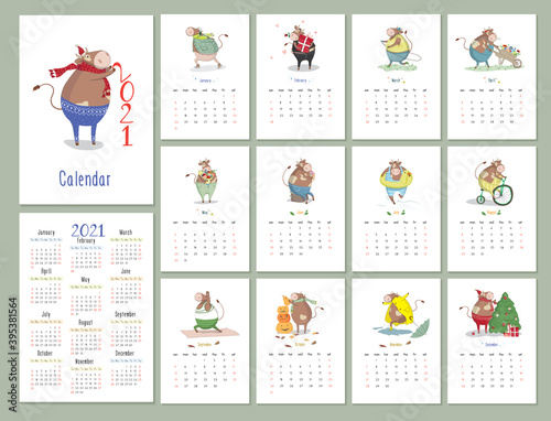 Wall calendar template for 2021 year.Calendar or planner with a cute bull isolated on white. Vertical.12 monthly pages with vector illustrations of ox. Week starts on Sunday.Ready for print.
