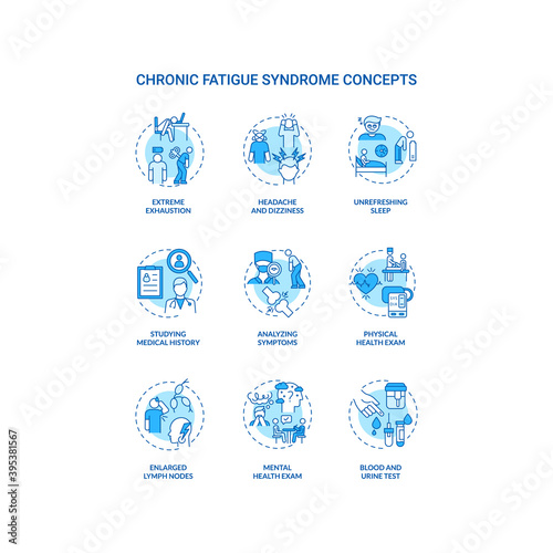 Chronic fatigue syndrome concept icons set. Extreme exhaustion idea thin line RGB color illustrations. Headache, dizziness. Studying medical history. Vector isolated outline drawings. Editable stroke
