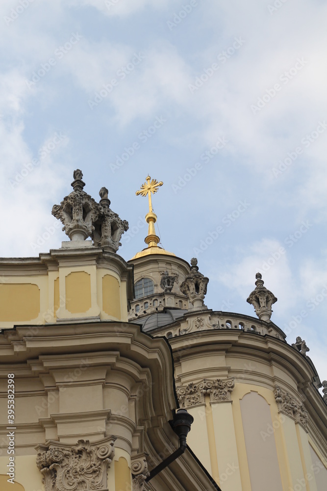 orthodox church, details and ornaments, golden cross and sky