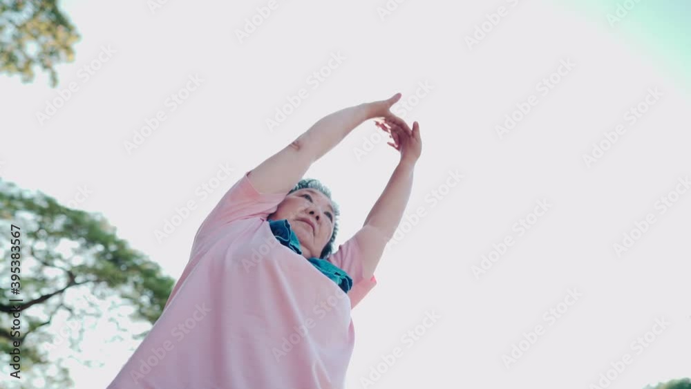 over weight senior asian woman doing arms and shoulder back muscle and spine stretching exercise at the park, retirement lifestyle fitness healthcare, workout on clear sky sunny day, vitality wellness over weight senior asian woman doing arms and shoulder back muscle and spine stretching exercise at the park, retirement lifestyle fitness healthcare, workout on clear sky sunny day, vitality wellness