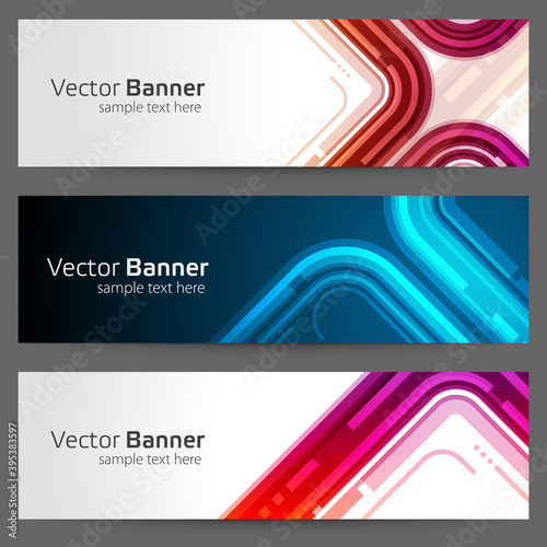 Banner abstract with curved lines geometric and shapes vector template. Red vibrant futuristic track design with pink gradient. © Виктория Суханова