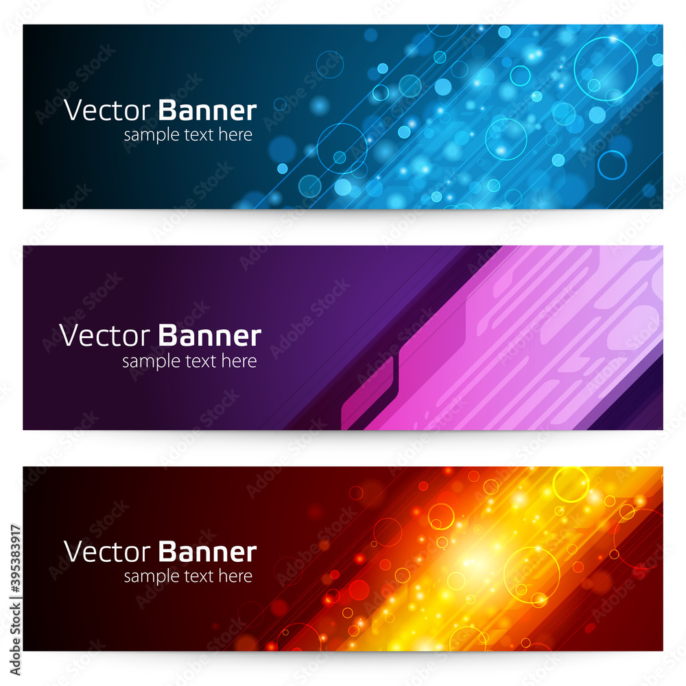 Abstract linear banner with geometric bubbles vector template. Blue circle with bright flashes of light in center.