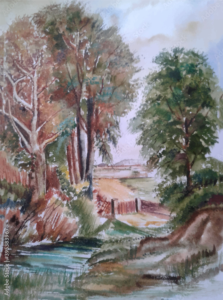 Watercolor hand drawn nature, home, lake sketch and beautiful tree illustration Premium Vector