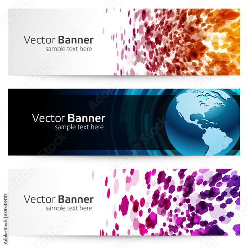 Banner with polygonal abstract particles planet earth vector template. Yellow digital shards with pink futuristic hexagons in vibrant gradient flow. photo