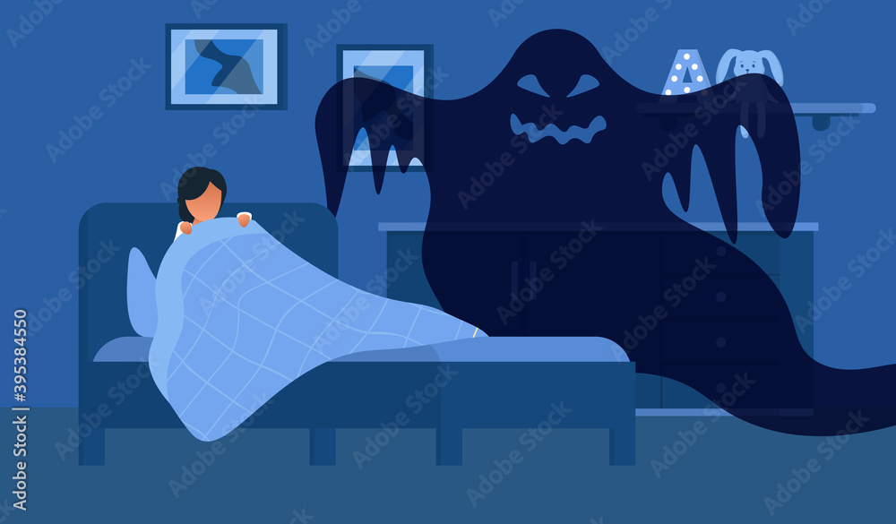 Fear of darkness. Little child scared of spooky monster from nightmare