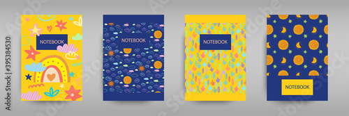 Set iridescent covers for notebooks with Boho girlish rainbows, clouds and stars. For the design of children s books, brochures, templates for school diaries. Vector illustration